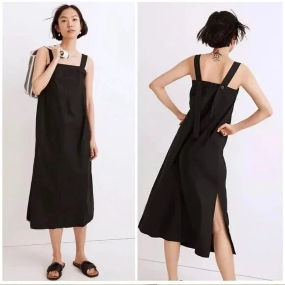 Madewell | Dresses | Madewell Small Black Linen Cotton Square Neck Midi  Dress With Button Straps | Poshmark